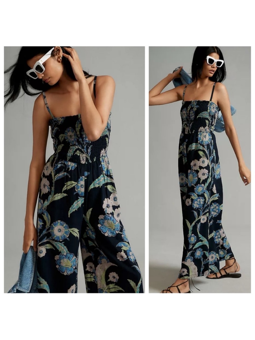 Navy Floral Smocked Strap wide leg jumpsuit - PILCRO small linen viscose summer